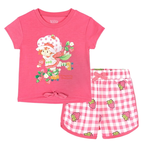 Strawberry Shortcake Drop Shoulder T-Shirt and French Terry Dolphin Shorts Outfit Set Gingham Toddler to Big Kid