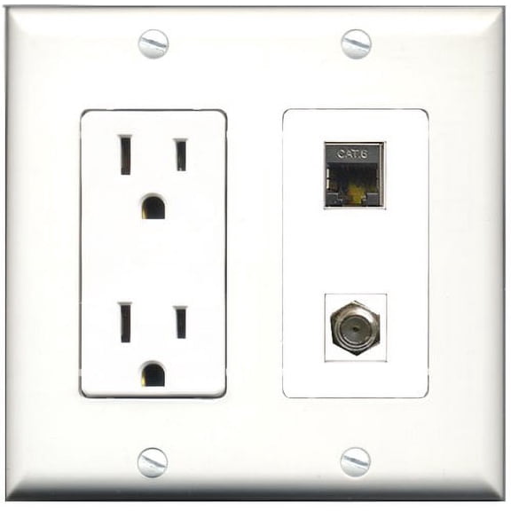 RiteAV - 15 Amp Power Outlet and 1 Port Shielded Cat6 Ethernet and 1 Port Coax Cable TV- F-Type Decorative Type Wall Plate - White