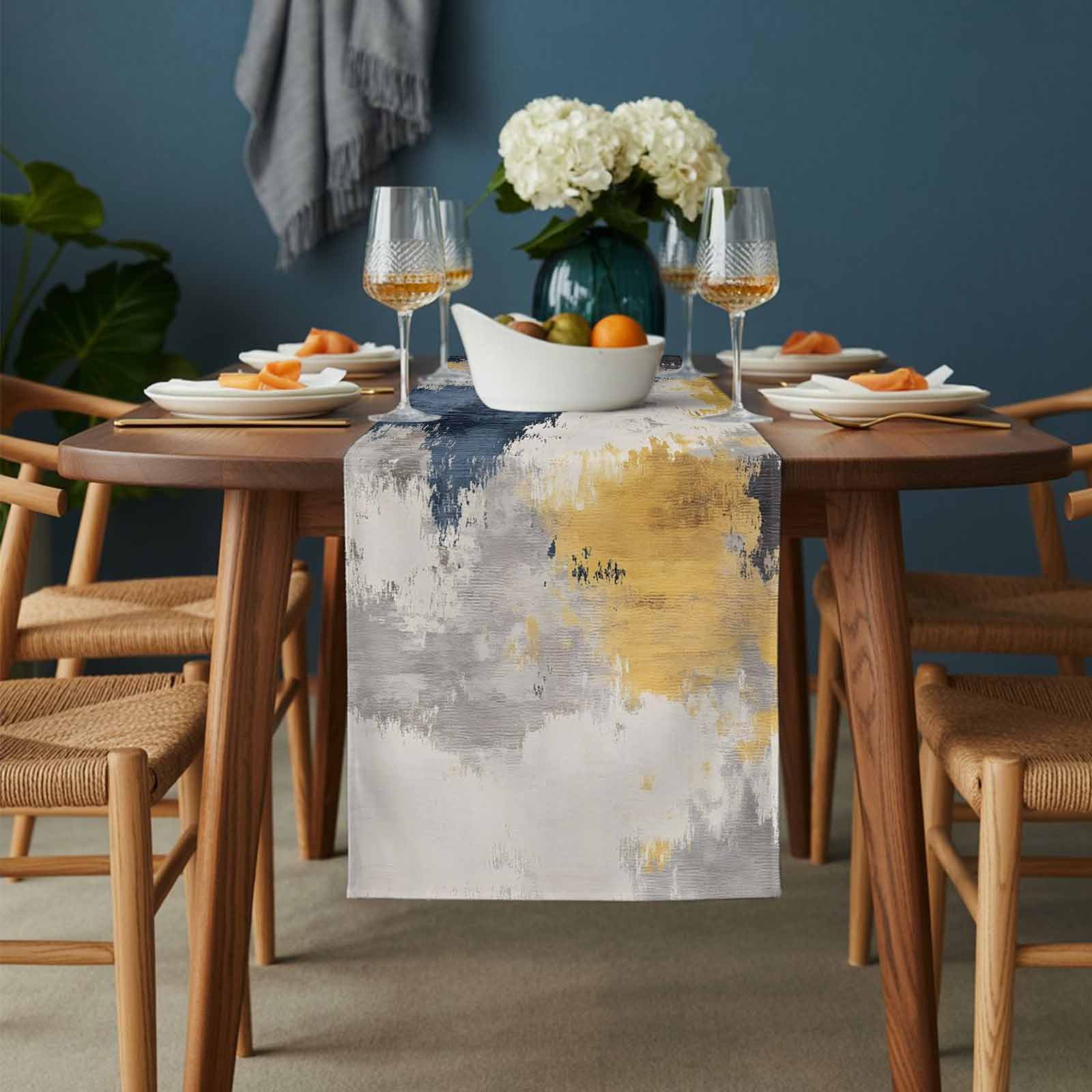 Abstract Art Table Runner 13x120 inch Watercolor Blue Yellow Blending Cotton Linen Dining Table Runner Ideal for Dresser Kitchen Coffee Tables - Machine Washable