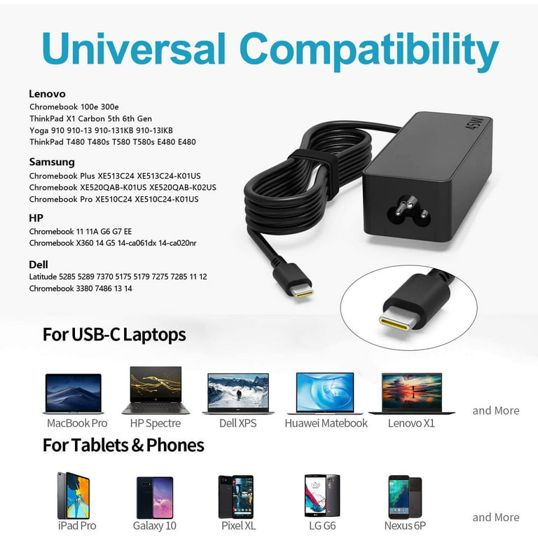 45W 20V 2.25A USB-C Laptop Charger ADLX45UDCK2A for Lenovo Tablet 10 -  20L3, 20L4 