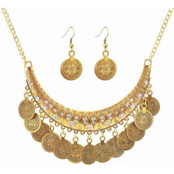 Indian Ethnic Chunky Jewelry Set for Women Long Tassel Tribal Turquoise Coin Necklace Vintage Gold Dangle Drop Earrings Exaggerated Costume Accessories