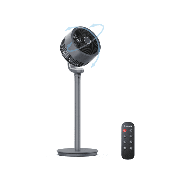 Airmate Pedestal Fan for Bedroom 27dB, Adjustable Height, 16 Speed DC Motor Standing Fan with Remote, 90° 90° Omni-Directional Osc, High Airflow, Grey