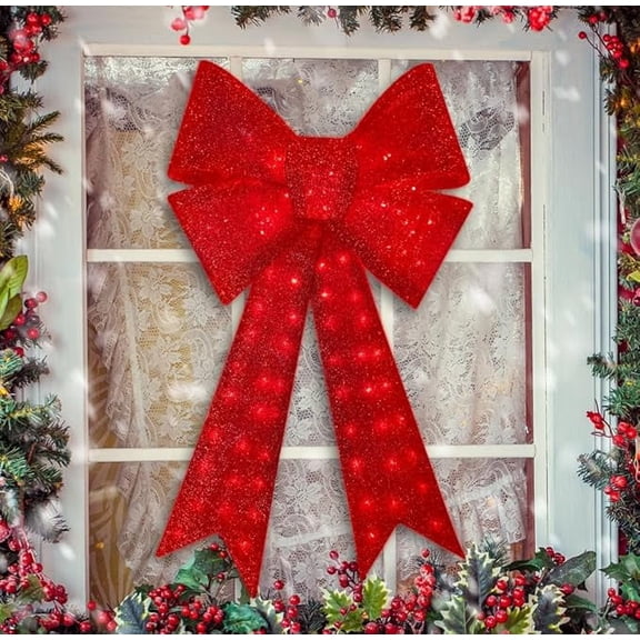 40 Inch Lighted Glitter Red Christmas Bow, 99 LED Decorative Bow for Wreath & Tree Topper, Indoor Outdoor Holiday Party Decoration