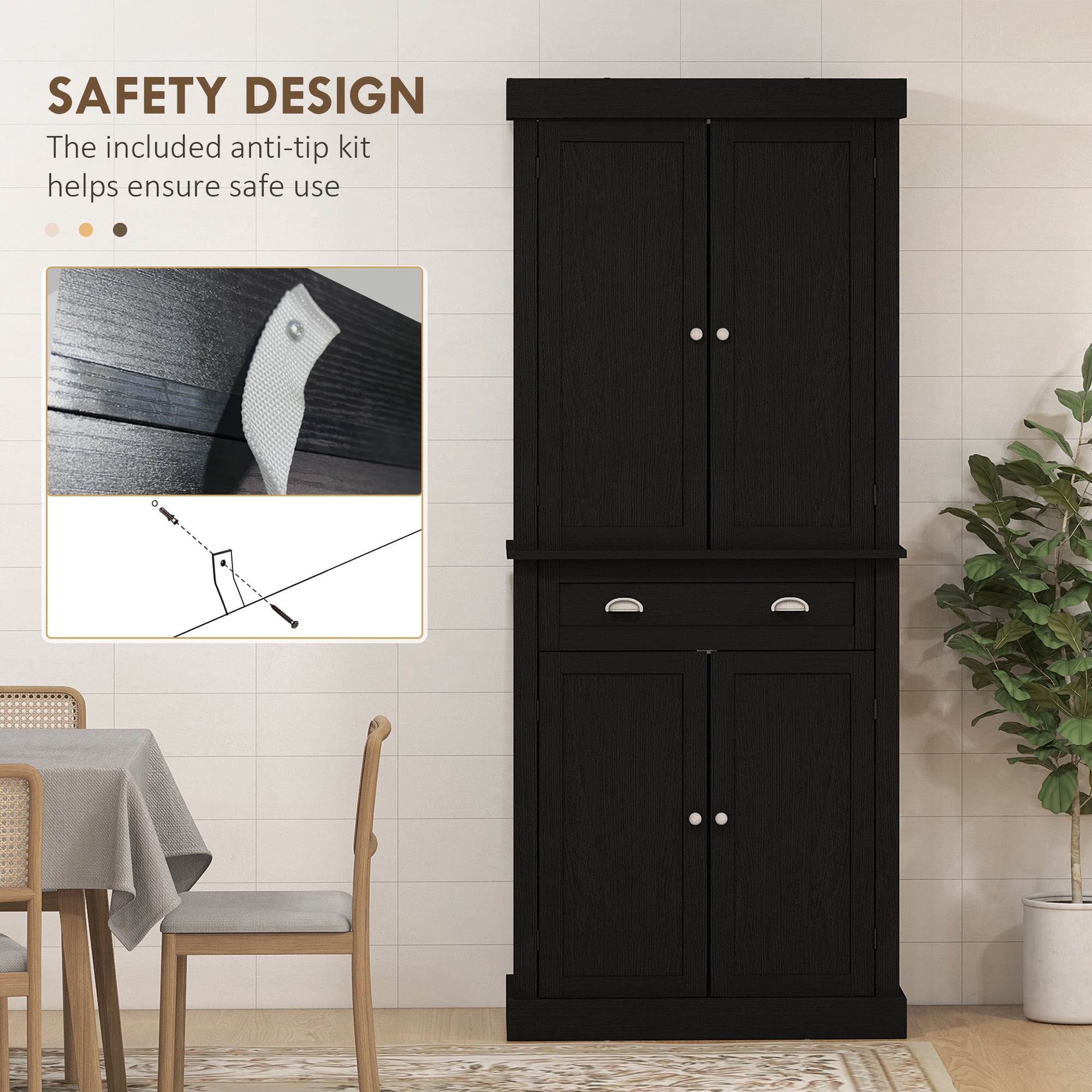HOMCOM 72.5" Traditional Freestanding Kitchen Pantry Cupboard with 2 Cabinet, Drawer and Adjustable Shelves, Black Wood Grain