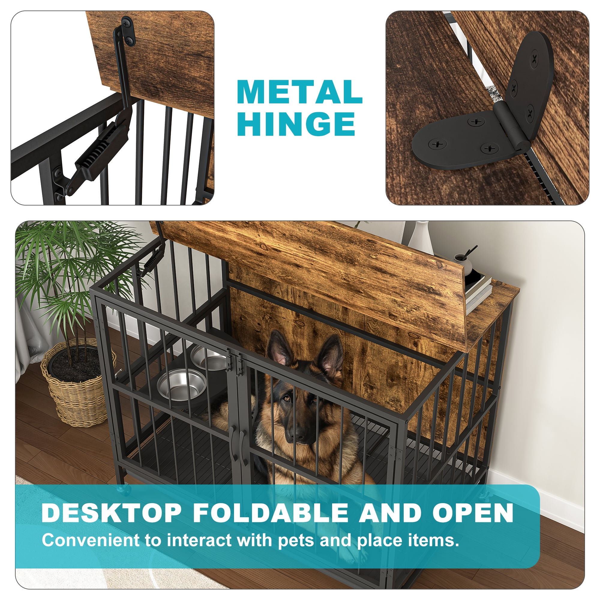 Pefilos 37" Dog Crate with Feeding Bowl, Wheels, Flip-Up Top Opening Kennel with Trays, Furniture Style Dog Cage for Indoor Dogs, Brown Pefilos 37" Dog Crate with Feeding Bowl, Wheels, Flip-Up Top Opening Kennel with Trays, Furniture Style Dog Cage for Indoor Dogs, Brown