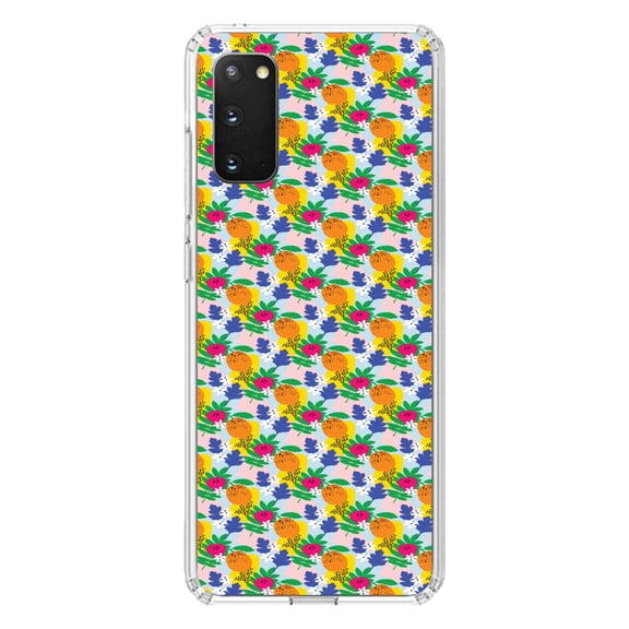 DistinctInk Clear Shockproof Hybrid Case for Galaxy S20 ULTRA / 5G (6.9" Screen) - TPU Bumper, Acrylic Back, Tempered Glass Screen Protector - Summer Vibes Floral Pattern Orange Blue Yellow