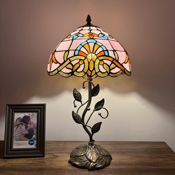 Tiffany Table Lamp Pink Stained Glass Baroque Style LED Bulb Included for Living Room Bedroom Bedside 12"W*12"D*22"H