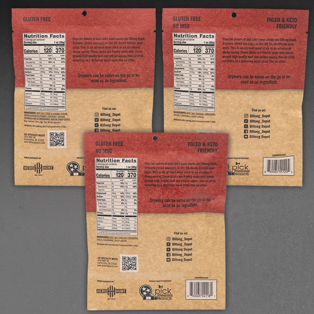 Biltong Depot Crown Drywors Bundle (3oz, pack of 3): High Protein Snack, No Sugar, Dried Beef Sausage Sticks