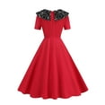 thumbnail image 4 of Kilaqueen Holiday Dresses for Women Vintage Audrey Hepburn Style Lapel V Neck Short Sleeve Dress Casual Work Wedding Party Elegant Midi Evening Dress, 4 of 9