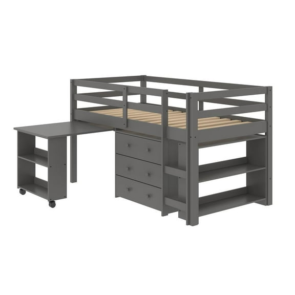 Donco Kids Study & Sleep Twin Dark Grey Low Loft Bed, Twin, Cappuccino,