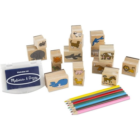 Melissa & Doug Wooden Stamp Set: Animals - 16 Stamps, 4 Colored Pencils, Stamp Pad