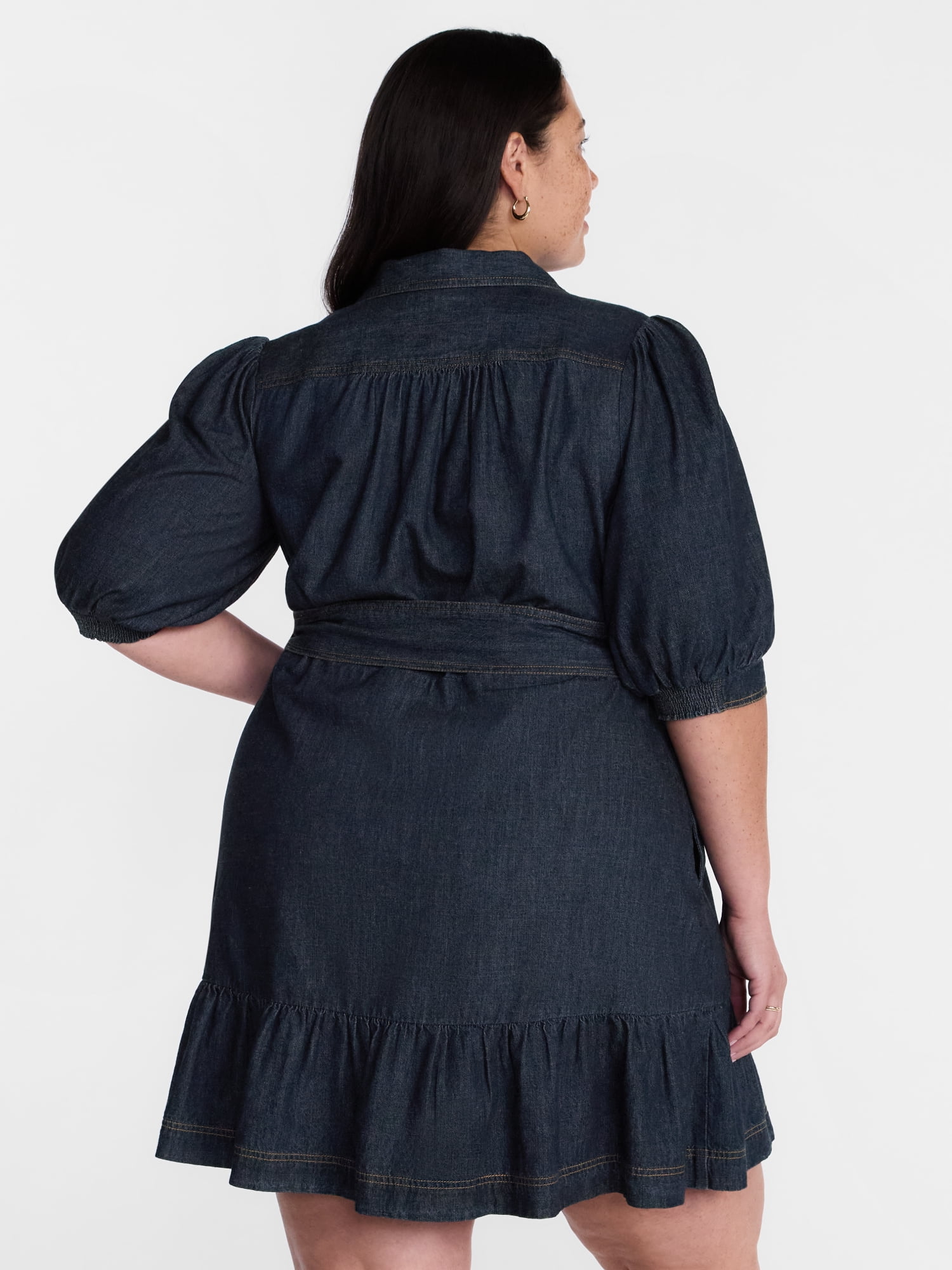 Terra & Sky Denim Belted Mini Shirtdress with Short Puff Sleeves, Sizes 0X-4X