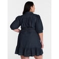 thumbnail image 3 of Terra & Sky Denim Belted Mini Shirtdress with Short Puff Sleeves, Sizes 0X-4X, 3 of 5