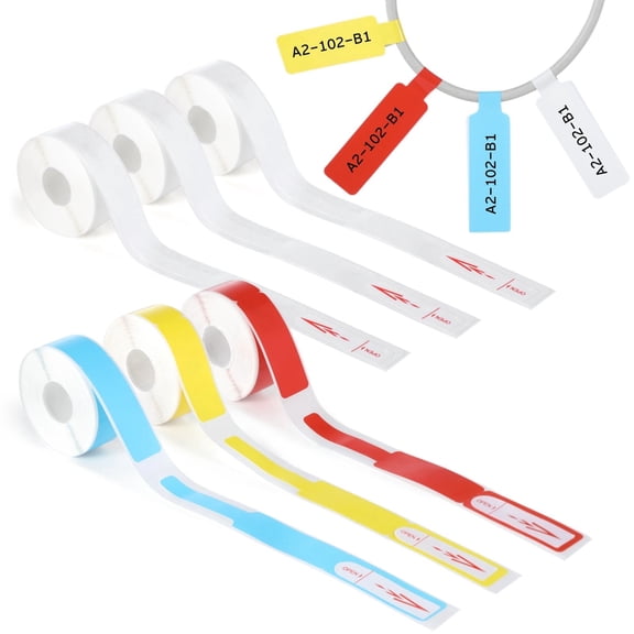 6 Rolls Thermal Wire Cord Labels – 65 Labels Per Roll, Colorful Waterproof Self‑Adhesive, Tear‑Resistant, Compatible with YCN D30/D35, NingYou, Gprinter & AiYin Label Makers