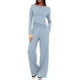 thumbnail image 2 of Two Piece Set for Women, Long Sleeve Off Shoulder Top with Pleated Detail and Wide Leg Pants, Casual Matching Loungewear Set, Soft Rayon Blend Outfit for Travel, Lounge and Daily Wear Light Blue, 2 of 9