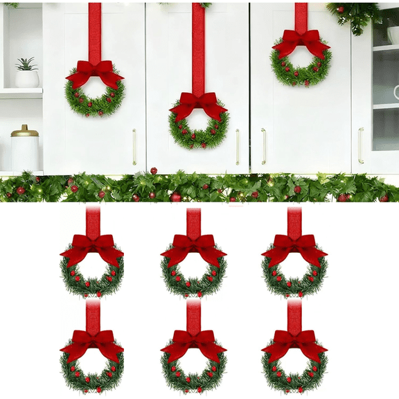 6PCS Small Christmas Kitchen Cabinet Wreaths with Ribbon,5.91 Inch Mini Wreath with Linen Ribbon Bow Berry, Small Christmas Wreath Kitchen Window Door Fireplace Decor, Xmas Holiday Hanging Ornament