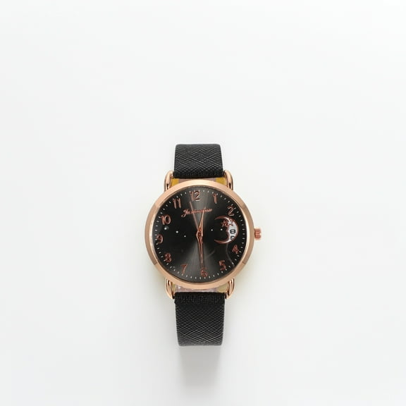 Worgeous 1Set Mechanical Ladies Watch Elegant Round Black Pu Alloy Timekeeping For Christmas