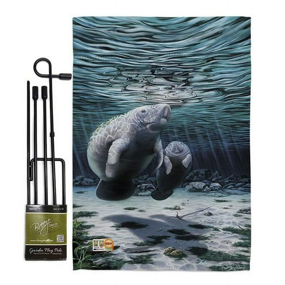 Breeze Decor BD-SM-GS-107049-IP-BO-D-US16-AL 13 x 18.5 in. Manatees Coastal Sea Animals Impressions Decorative Vertical Double Sided Garden Flag Set with Banner Pole