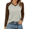 thumbnail image 4 of Women V Neck Raglan Color Block Long Sleeve T-Shirt Loose Relaxed Fit Contrast Sleeve Solid Spliced Casual Basic Top Fashion Versatile Layering Tee for Autumn Winter, 4 of 7