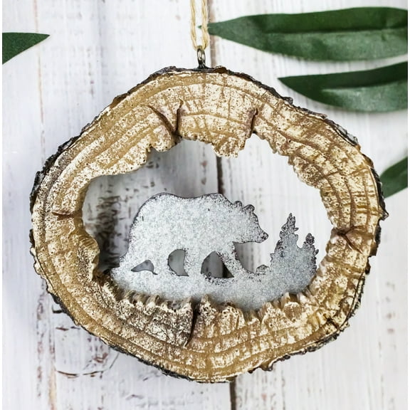 Rustic Western Black Bear Faux Wood Log Slice Set of 4 Christmas Tree Ornaments