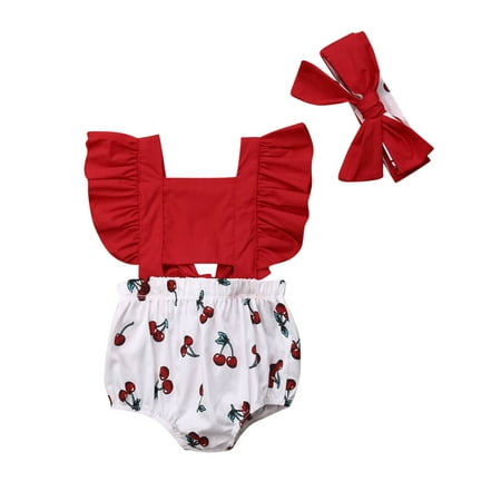 

wybzd Newborn Baby Girl Cherry Print Ruffle Suspender Romper Bodysuits Headband 2Pcs Summer Clothes Outfits Red 6-12 Months