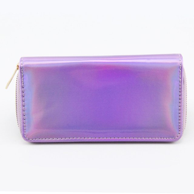 Monedero largo de piel para mujer, monedero plateado brillante con cremallera, colorido