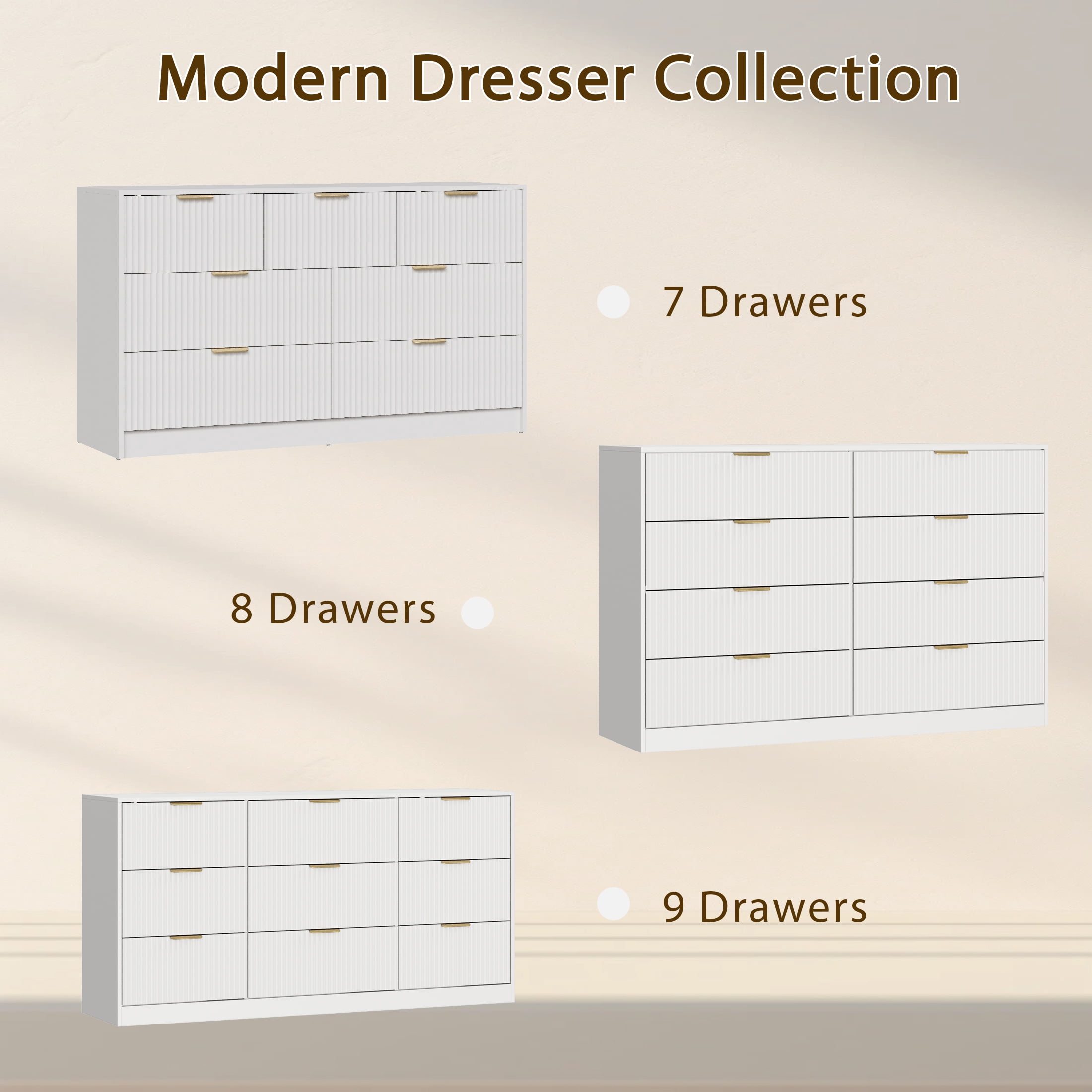 YouTrend White 9 Drawer Dresser for Bedroom,Modern Adult Fluted Wood Chest of Drawer with Golden Embedded Handles for Living Room,Hallway