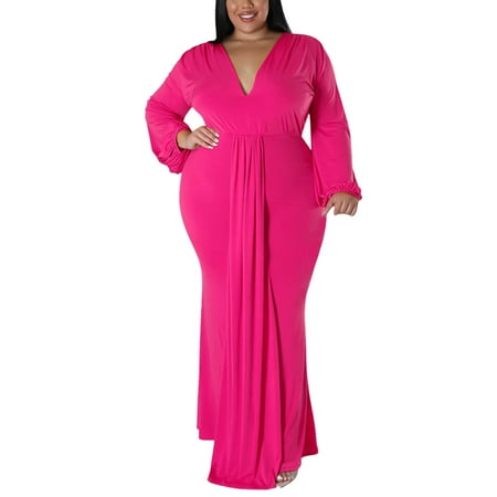 JBXKXYW Summer Dresses for Women 2024 Women s Solid Deep V Neck Long Sleeve Pleated Dress New Product Summer Dresses (Hot Pink XL)