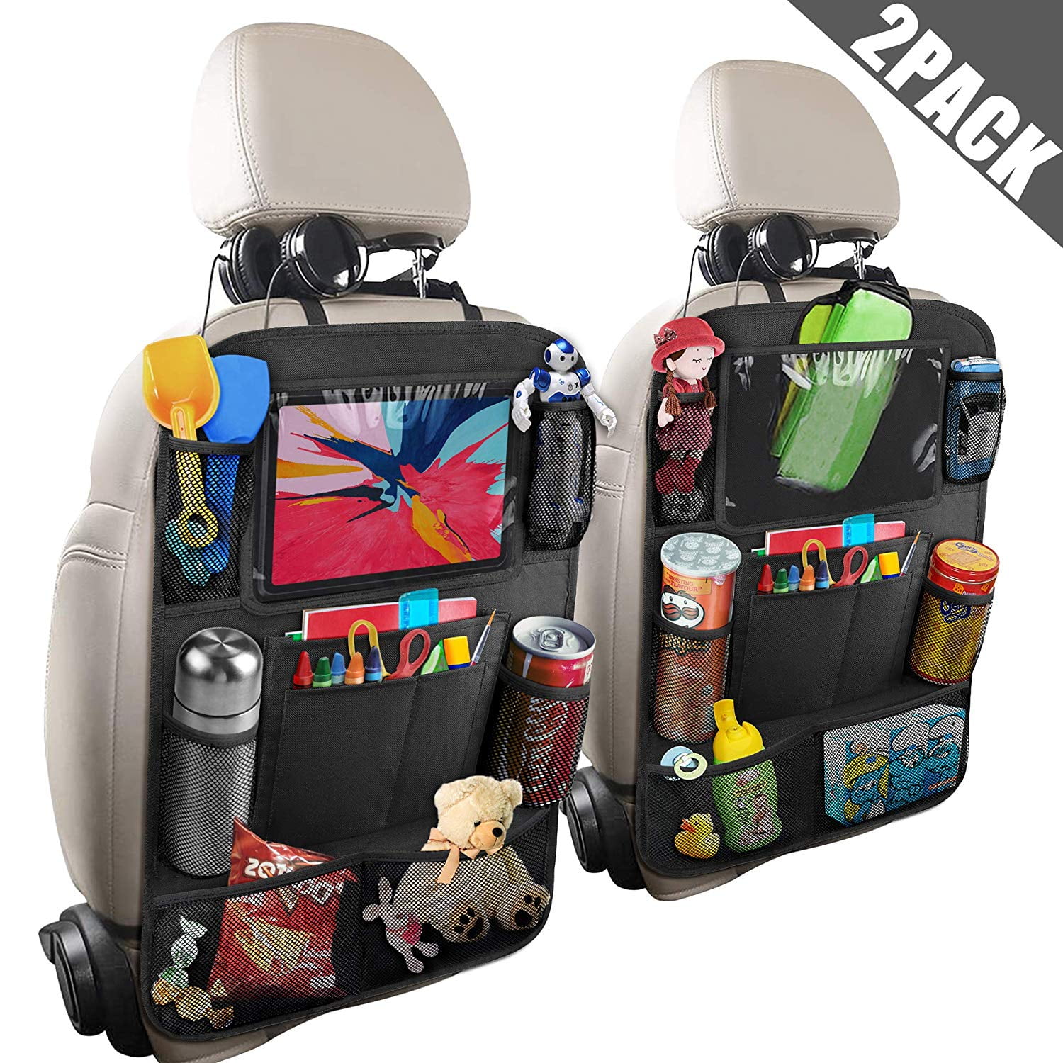 Car Backseat Organizer 2 Pack for Kids with Touch Screen Tablet Holder Waterproof Kick Mats Back Seat Protectors fit Car/Truck/SUVs Storage Pockets for Travel/Business,Car Accessories for Stuff 