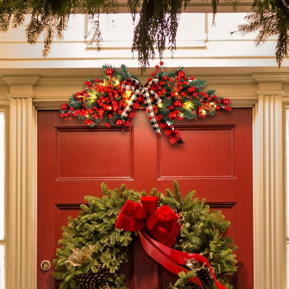 Christmas Swag Artificial Christmas Swag Decoration with Ribbon Bow Red Berries and Lights, Hanging Decorative Swags Teardrop Christmas Decorations for Door Window