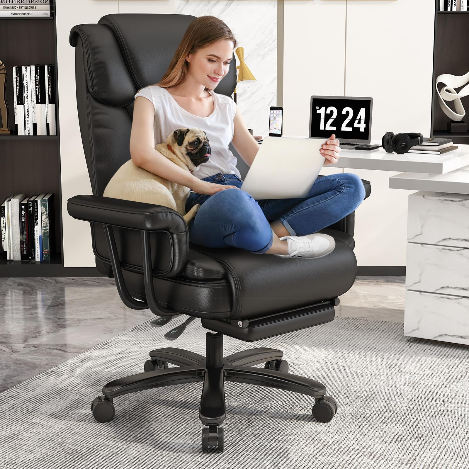 HomeZeer Big and Tall Office Chair with Footrest, 400 lbs Modern High Back Leather Office Chair, Reclining Wide Seat Ergonomic Executive Home Office Computer Desk Chair, Black