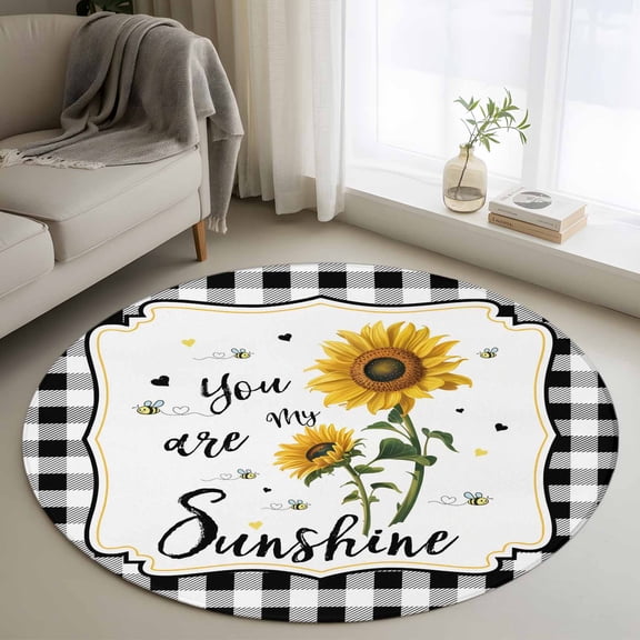 Round Rugs 3.3Ft, Sunflowers Round Area Rug Washable Indoor Throw Carpet, Yellow Floral Botanical Black White Plaid Farmhouse Soft Non Slip Circle Rug for Laundry Room Patio Home Decor Aesthetic