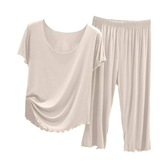 XIYON Women's Pajama Sets Womens Summer Short Sleeve Top With Capri Pants Pajama Set Lightweight Casual Home Wear For Ladies Ladies Sleepwear