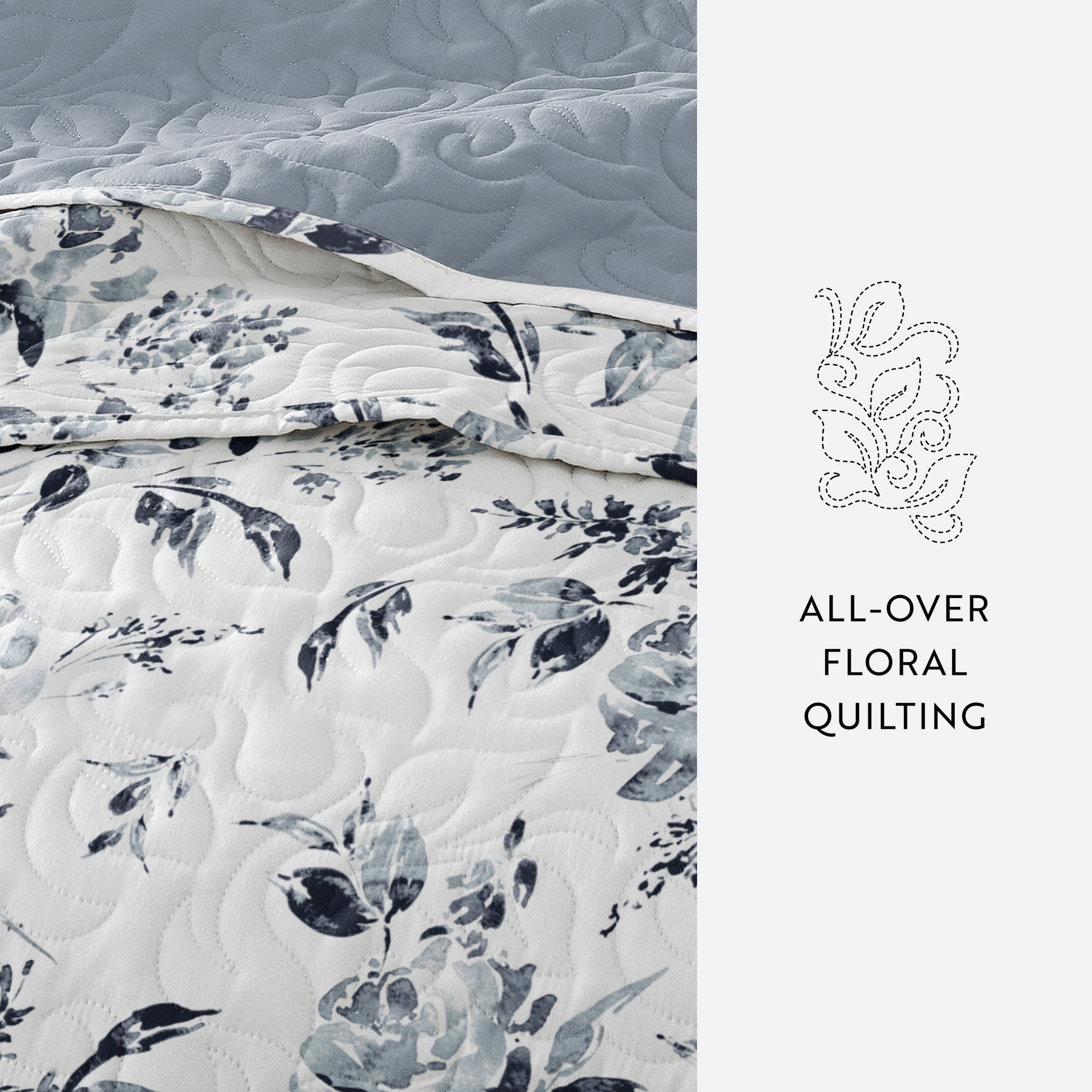 Noble Linens 3-Piece Light Blue Rose Garden Reversible Quilt Set, King