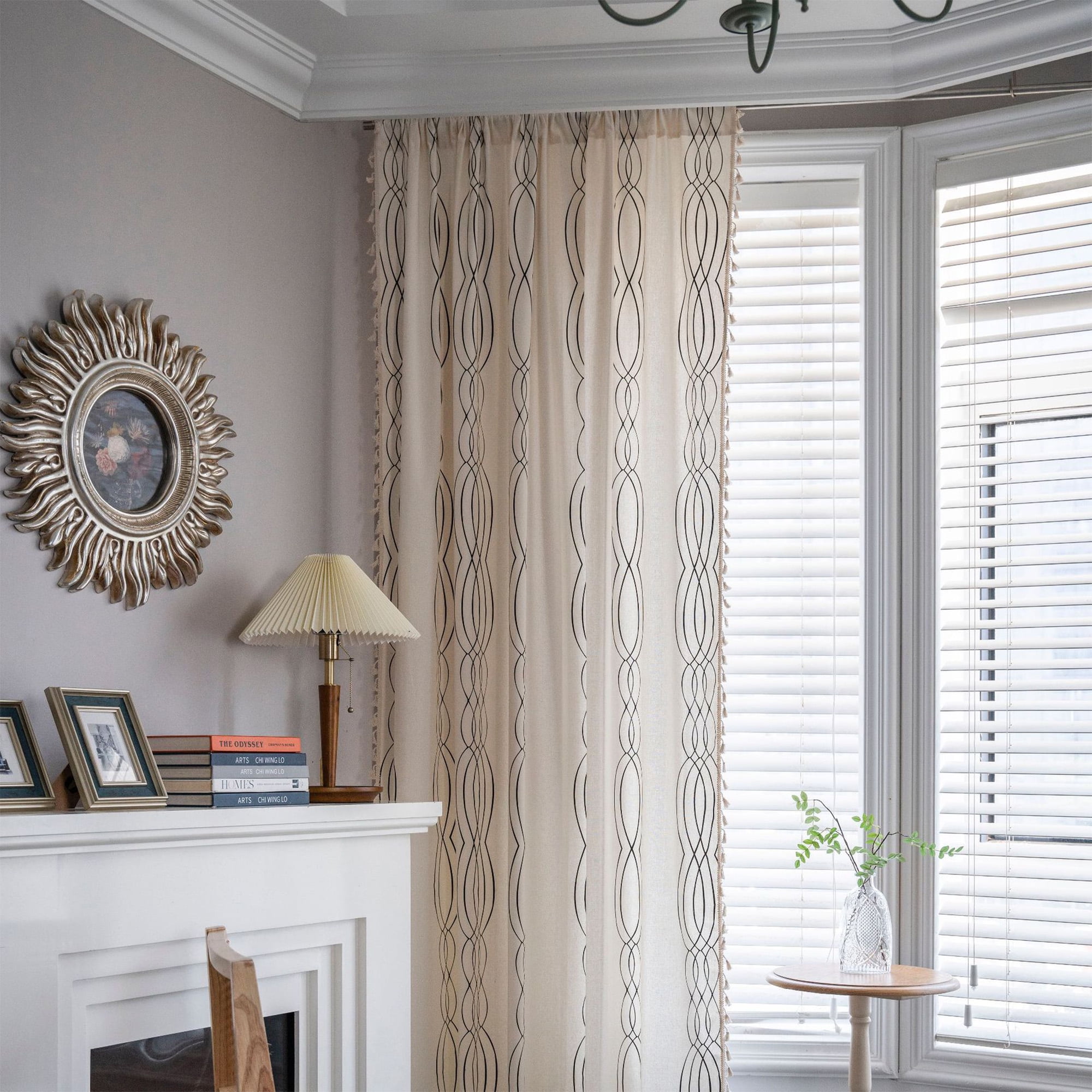 Turkio Cotton Linen Curtains with Geometric Black Stripes and Tassel Design,84 Inches Long,1 Panel