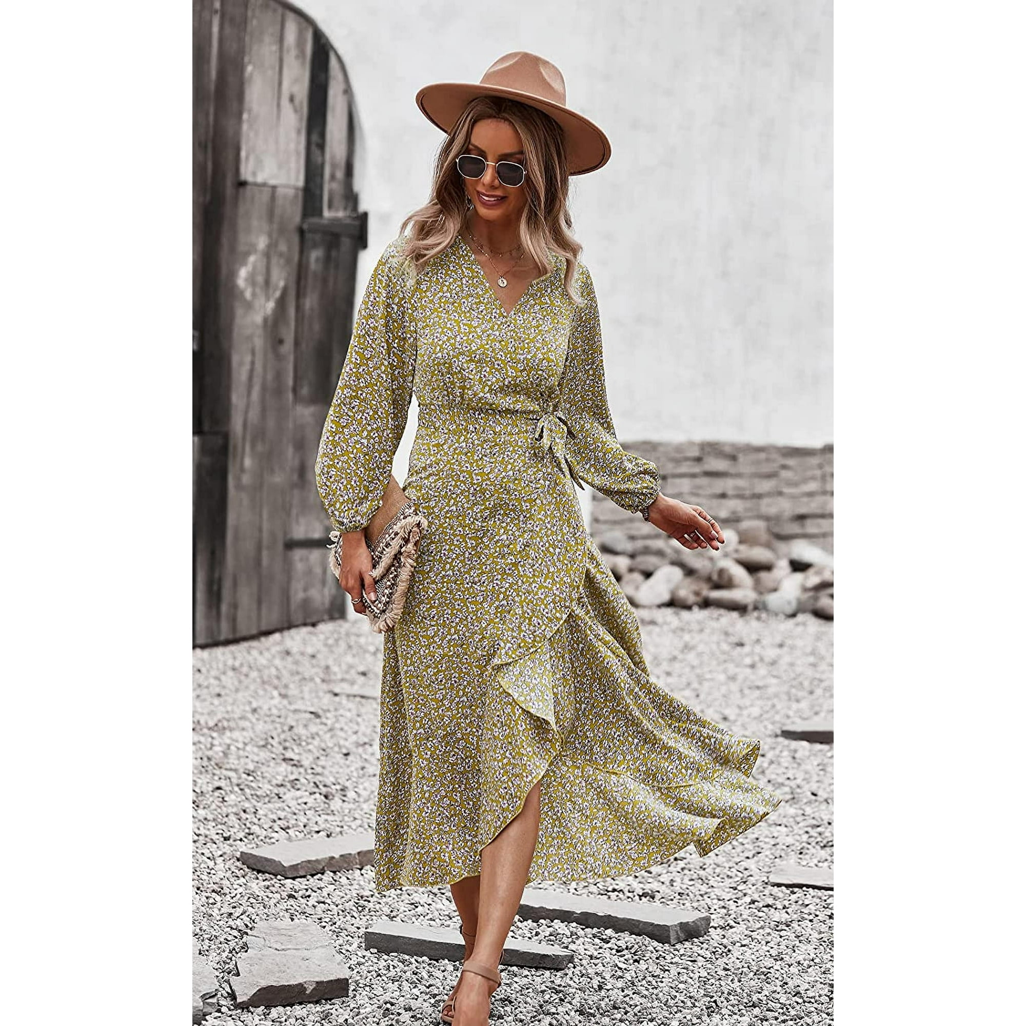 Yundap Women s Long Sleeve Vintage Wrap Dress Floral Print V Neck Maxi Dresses With Belt Yellow S