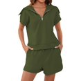 thumbnail image 1 of Women Two Piece Outfits Tracksuit Half Zip Lapel Cap Sleeve Sweatshirt High Waist Drawstring Shorts Set Sweatsuit, 1 of 6