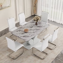 JUFU Dining Table Set for 6, Faux Marble Table and Chairs Set of 6, Modern Dining Room Table Set for 6, Rectangle Gray Dining Table Set for 6 with Pu Leather White Chairs, Ideal for Dining Room