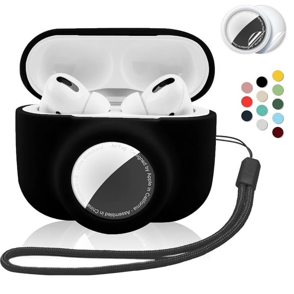 2 in 1 Protective Skin Case Compatible with Airtag and Airpods Pro 2 with Lanyard Combo Set with Lanyard, Silicone GPS Tracker Cover Holder Anti-Lost with 2 PCS TPU Screen Protector compatible w