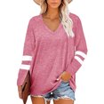 thumbnail image 2 of Sonducket Camiseta de mujer a rayas de manga larga básica con cuello en V blusa suelta informal Prendas para la parte del cuerpo Rosa S, 2 of 6