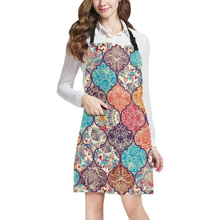 

ASHLEIGH Luxury Colorful Patchwork of Oriental Moroccan Tiles Adjustable Bib Apron with Pockets Commercial Restaurant and Home Kitchen Adjustable Apron