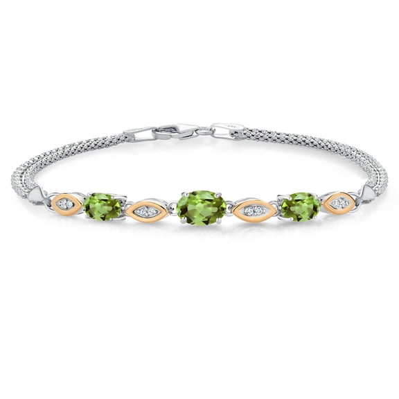 Gem Stone King 925 Silver and 10K Yellow Gold Green Peridot and White Lab Grown Diamond Bracelet for Women (1.96 Cttw, Gemstone August Birthstone, Oval, Wheat Chain, 7.5 inches)