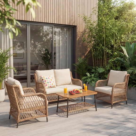 LAUSAINT HOME 4-Piece Outdoor Patio Conversation Set, All-Weather PE Rattan Furniture with Loveseat, 2 Chairs and Table, Beige Olefin Cushions