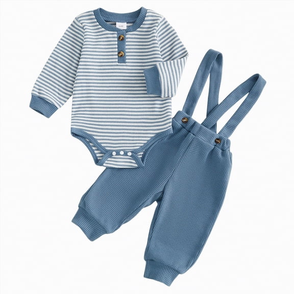 HCNTES Newborn Baby Boy Clothes Infant Boy Romper Fall Winter Outfits Bodysuit 2Pcs Striped Long Sleeve Top Overalls(6-9 Months,b7-Blue)