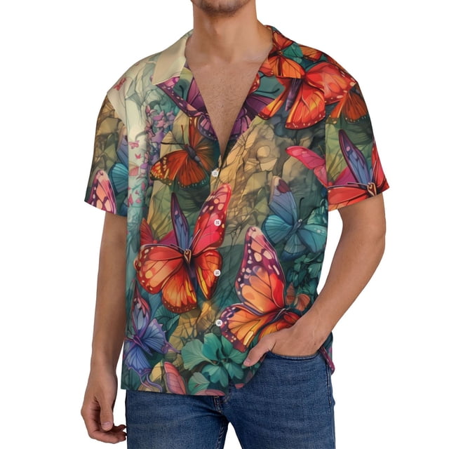 Fotbe Butterflies On Rocky Cliff Camisa Estampada de Manga Corta para Hombre, Casual de Verano, Estilo Playero, Sin Arrugas-Medium