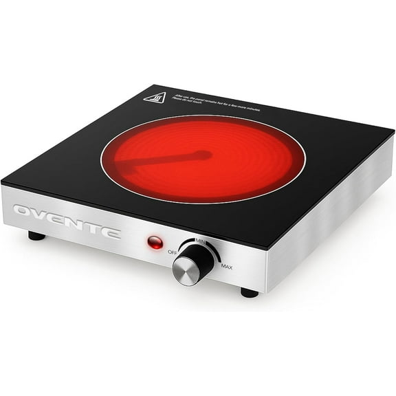 OVENTE Infrared Ceramic Single Burner, 1200W Electric Countertop Hot Plate with Black Crystalline Glass, Portable Stainless Steel Cooktop for Home, Office, or Dorm Use, Black BGI301GB