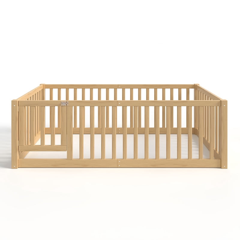 Bellemave Twin Montessori Bed Frame, Wood Twin Size Floor Bed with High Fence Rails, Twin Beds Frame for Bedroom Playroom (Natural)
