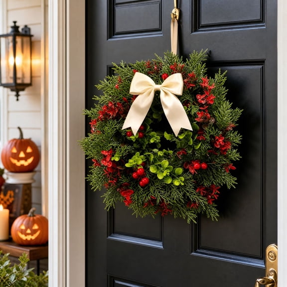 Qwtwty Artificial Christmas Wreath for Front Door, Farmhouse Christmas Door Wreath Decorations for Home Porch Wall Window Holiday Decor