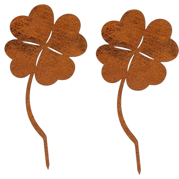 2Pcs Rusty Four Leaf Clover Decor,Easter Yard Signs Garden Stake,Metal Four Leaf Clover Garden Yard Art Ornaments,Flower Pot Decor for Balcony and Terrace