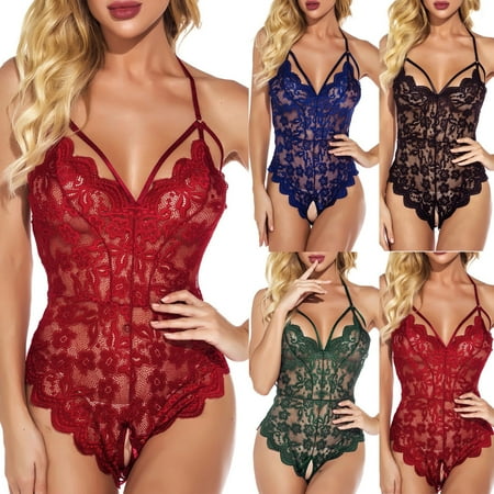 

Women s One-piece Underwear Lace Edge Hollowed out Tights Open File Style Pajamas